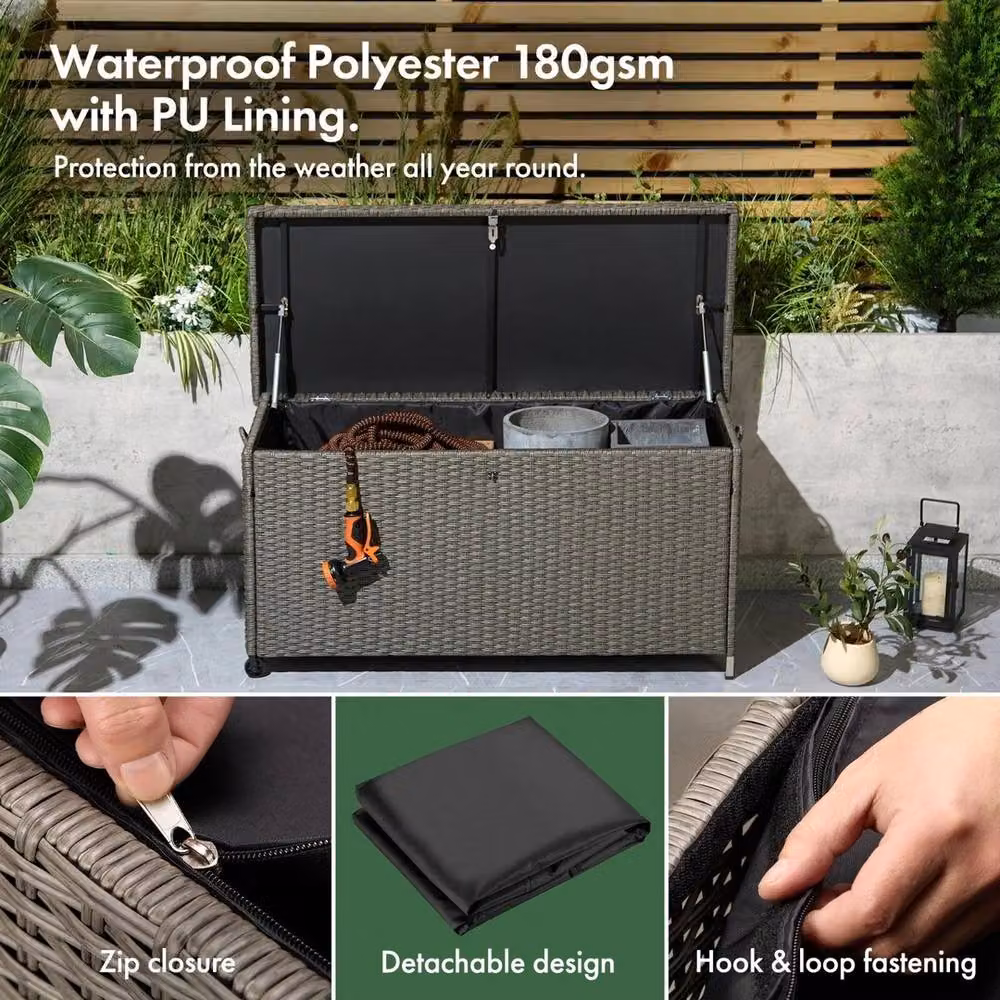 NESTLUNE Grey Rattan Garden Storage Box with Castors, 290L, W: 100 cm, D: 15 cm, H: 15 cm – 3