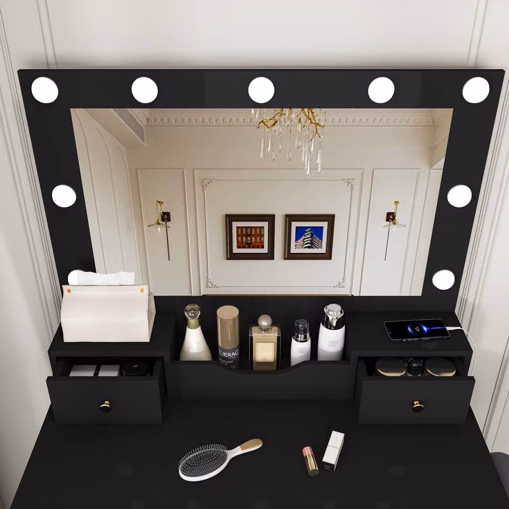 Rolipo Black Modern Makeup Vanity Desk with Hollywood LED Lights and Stool – 7