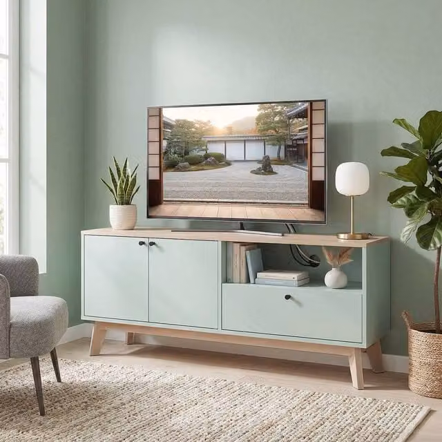 HOMCOM Modern Entertainment Center with Adjustable Shelf for TVs up to 36 Inch in Light Green, W: 120 cm – 1