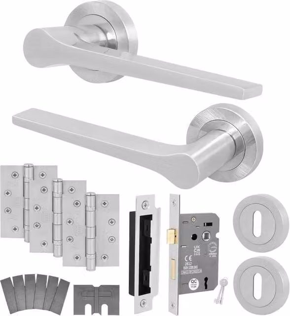 AFIT Satin Nickel Fire Door Handle Key Lock Set with Internal Hinges in Silver, Size: 150 x 150 mm