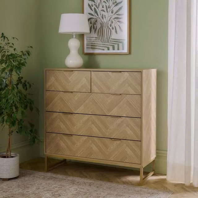VonHaus Classic Geometric 5 Drawer Chest of Drawers in Brown and Gold