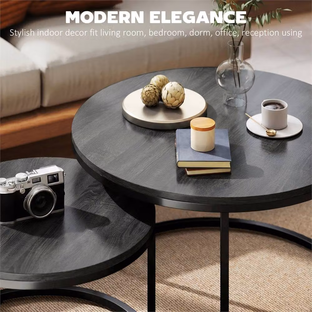 EONLION Set of 2 Black and Grey Round Metal Stacking Coffee Tables with Matt Finish – 3