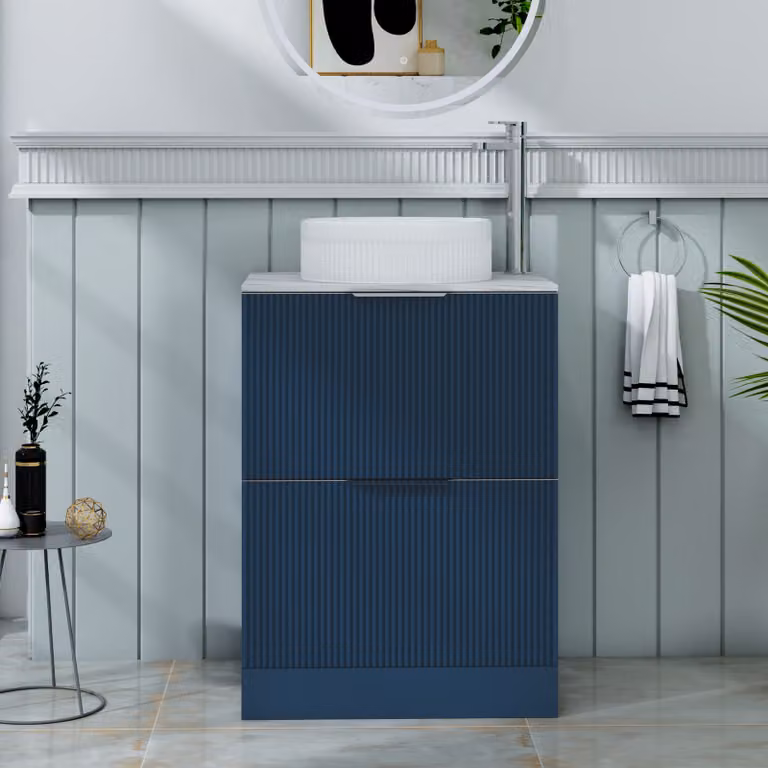Royal Bathrooms Evora Midnight Blue Fluted Floor Standing Countertop Vanity Unit with 2 Drawers and Round Basin