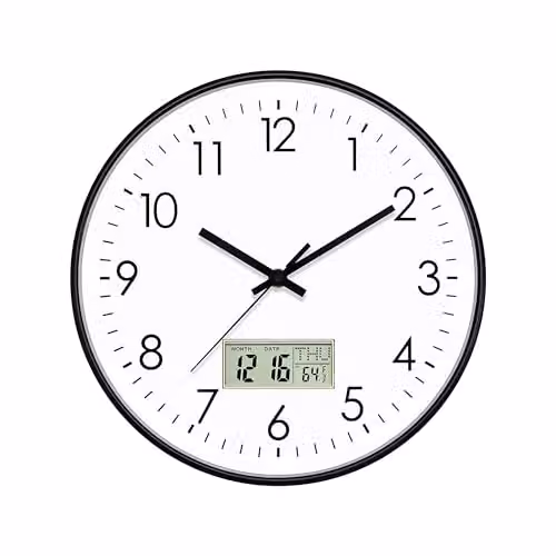 ATEK 12 Inch Silent Digital Wall Clock with Date and Temperature Display in Black and White