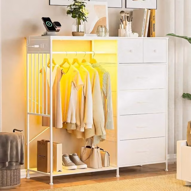 London Boutique 6-Drawer Dresser with Hanging Rod, Charging Station and Integrated Lighting in White