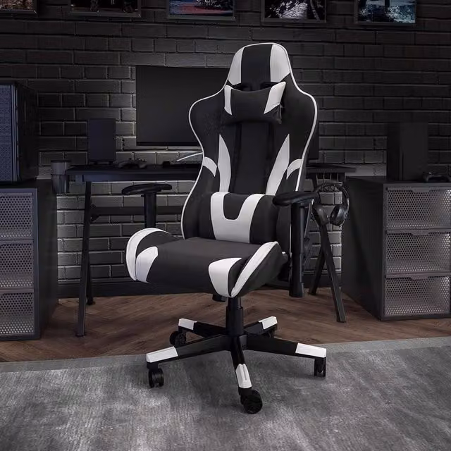FWStyle Black and White Faux Leather Bucket Seat Racer Gaming Chair with Headrest and Armrests – 1