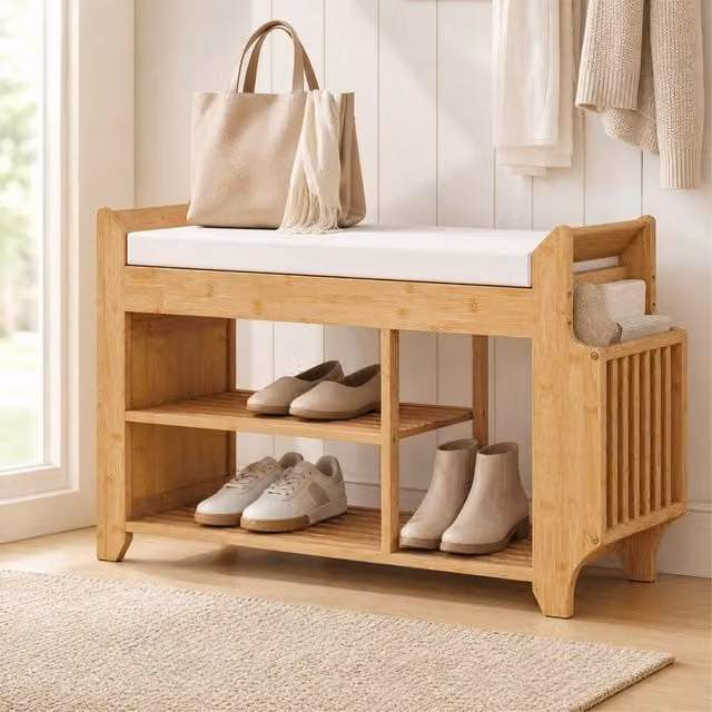 STILVORA Scandinavian Style Shoe Storage Bench in Sand Beige with Bamboo and Wood Construction
