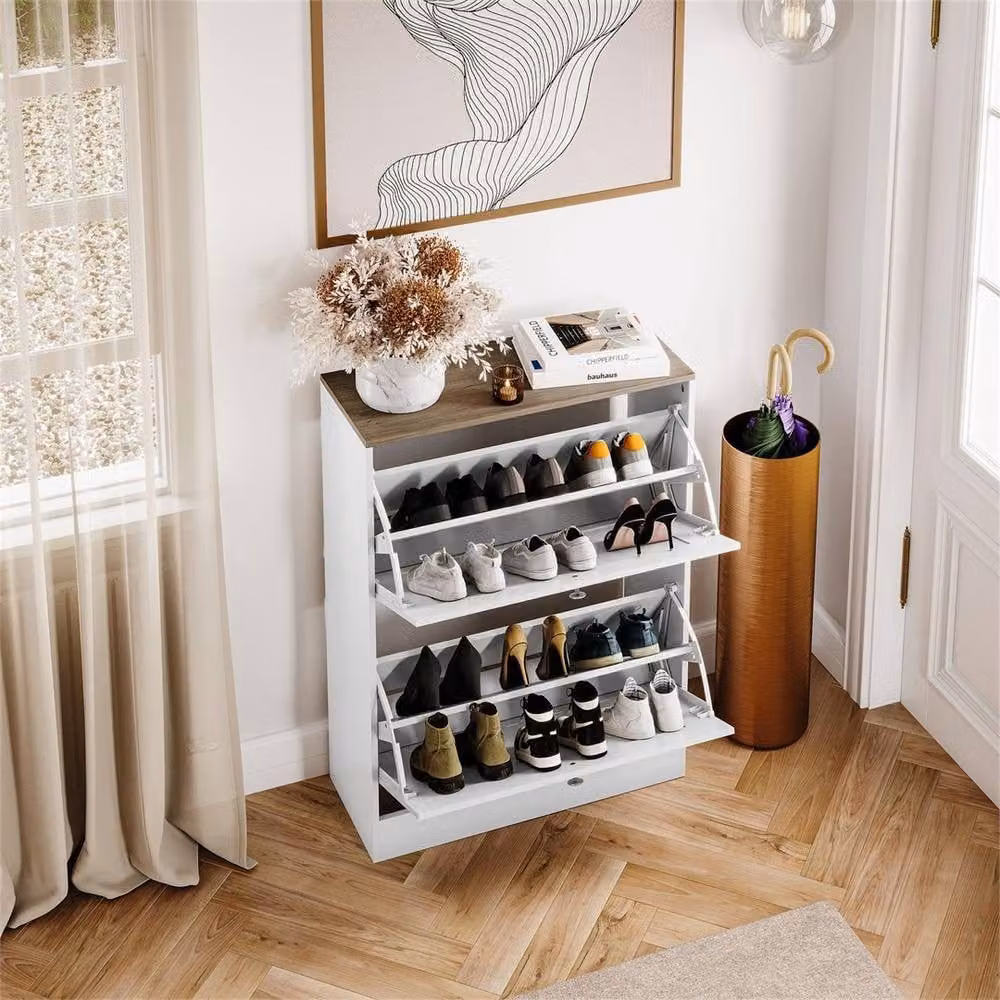 SPETLEK White Modern 2-Drawer Shoe Cabinet with Tilting Compartments and Internal Shelves for Hallway or Living Room Storage – 2