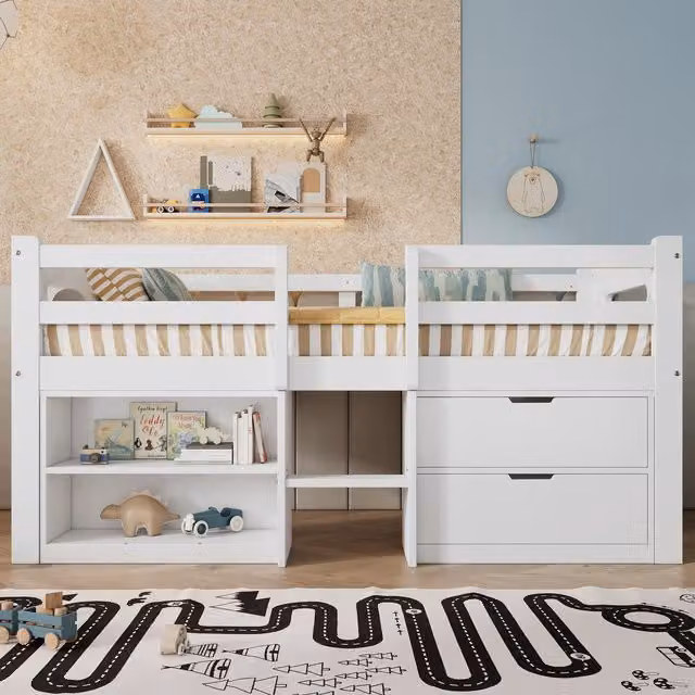 Aosom UK White Wooden Childrens 3ft Storage Bed with Safety Guardrail and 2 Drawers, W/D/H: 90 x 190 cm