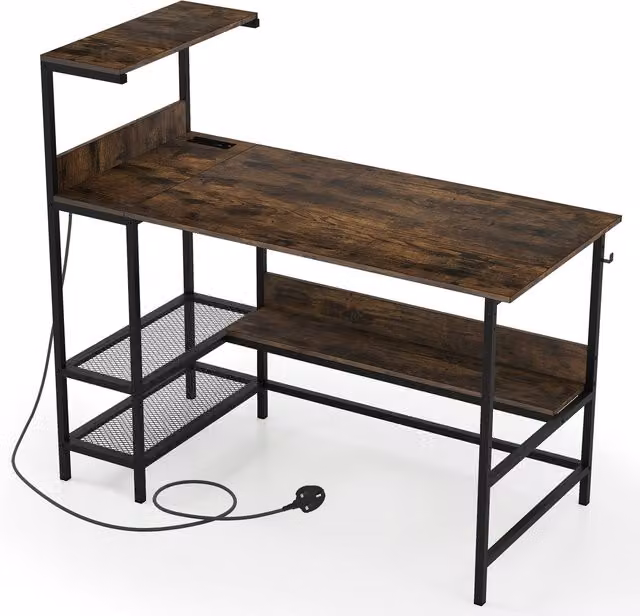 COSTWAY Reversible Industrial Computer Desk with Storage Shelves in Brown, W: 122.5 cm