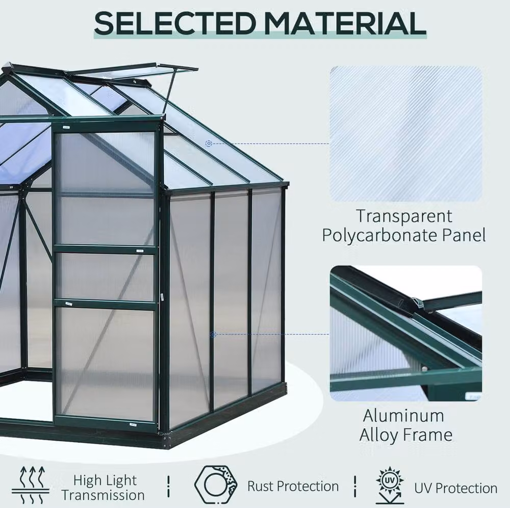 STILVORA Dark Green Polycarbonate Greenhouse with Aluminium Frame, Sliding Door and Window, W/D/H: 182.88 x 182.88 x 201 cm – 5