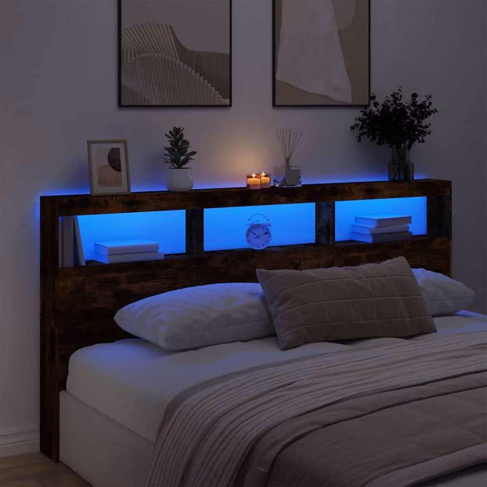 Berkfield Home Headboard Cabinet with LED in Smoked Oak, Brown, W: 200 cm, D: 17 cm, H: 102 cm – 4