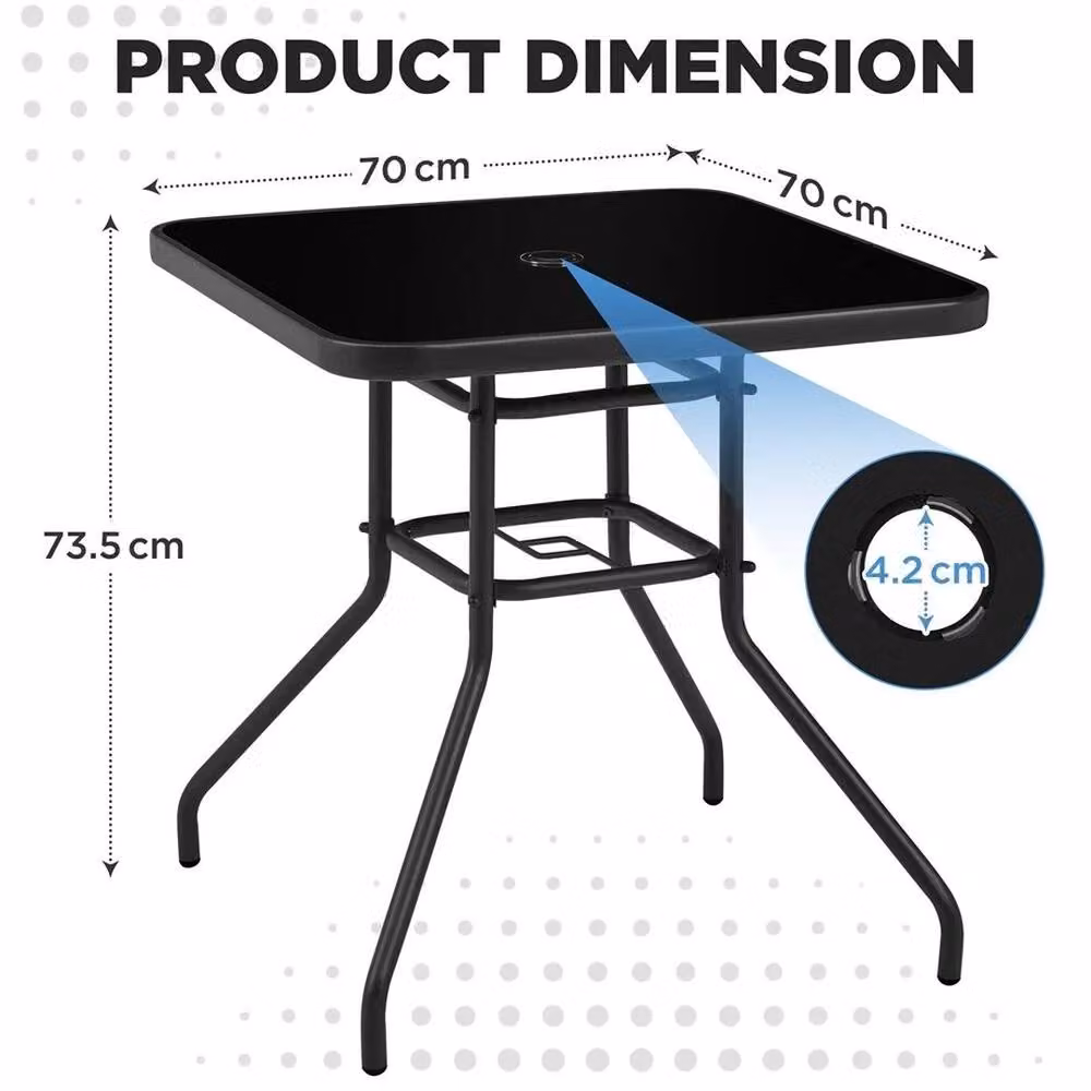 KORVIXA Black Matt Square Outdoor Bistro Table with Glass and Metal Top, W/D: 100 x 100 cm – 2