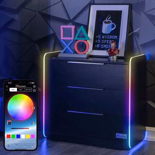 X Rocker Electra 3 Drawer Chest of Drawers with Integrated LED Lights in Black