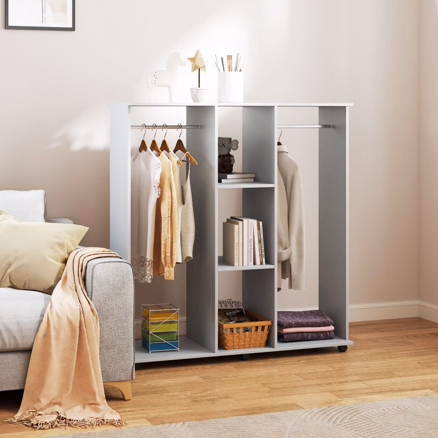 HOMCOM Double Open Wardrobe on Wheels with Clothes Hanging Rail and 3 Storage Shelves, Grey, W/D/H: 120 x 30 x 128 cm – 2