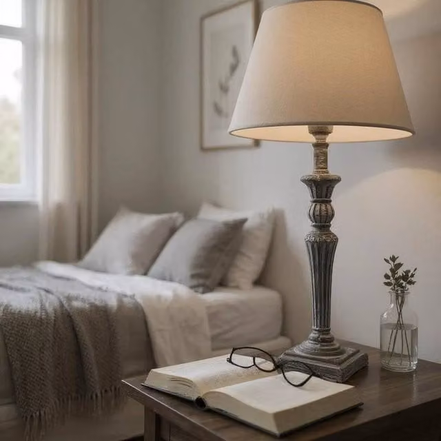 FORGEVIO Shabby Chic Wooden Table Lamp in Grey and Beige, Height: 58 cm