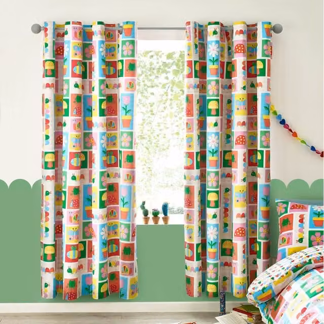 Catherine Lansfield Curious Caterpillar Reversible Ready Made Eyelet Curtains, Multicolour, W: 167.64 cm, H: 182.88 cm