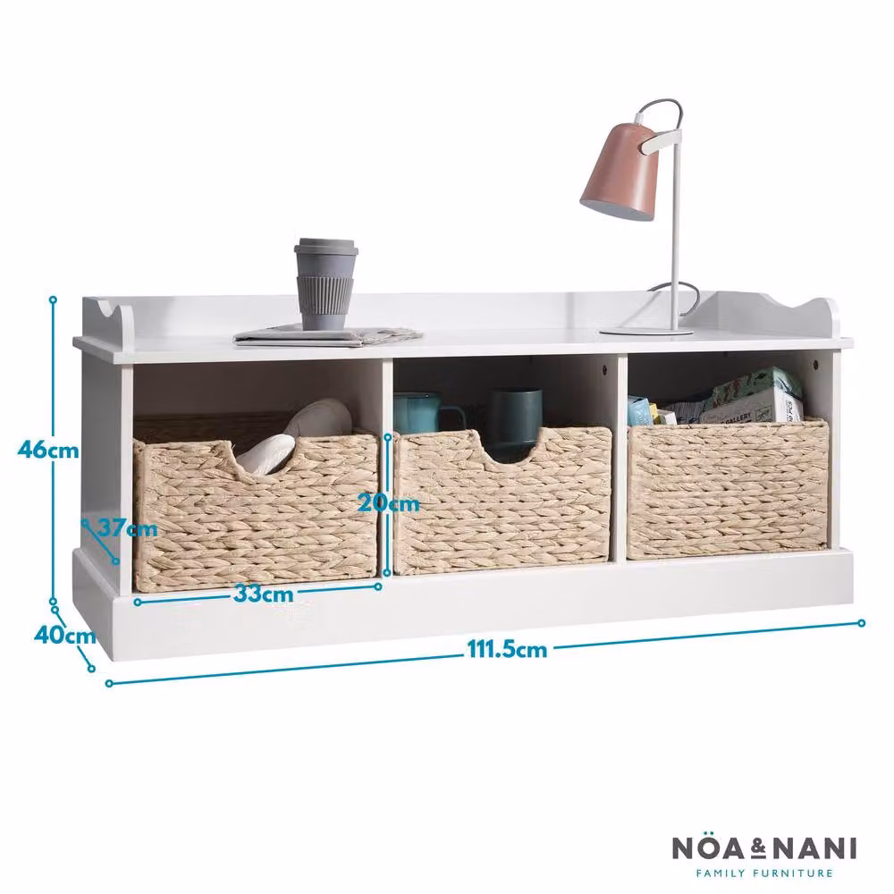 Nöa and Nani Stockholm Scandinavian Style Storage Bench in White with 3 Brown Rattan Baskets – 4