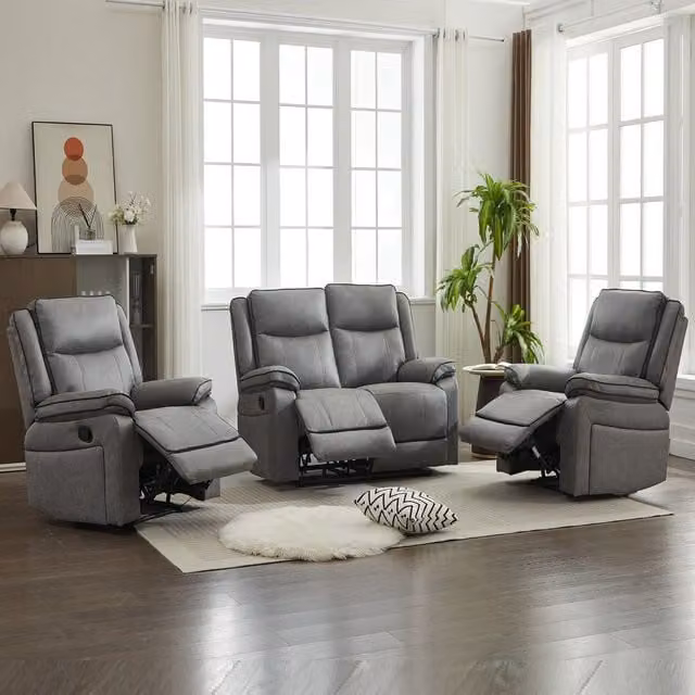 FURNITURE ONE Grey Fabric 4 Seater Manual Recliner Sofa Set Including 1+1+2 Seater Configuration – 1