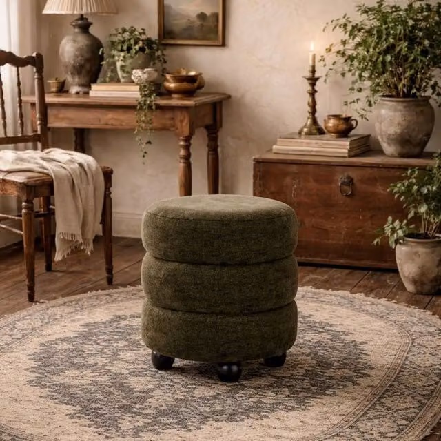 Wyld Haus Antipodes Olive Green Chenille Round 3 Tier Pouffe with Pine Wood Frame