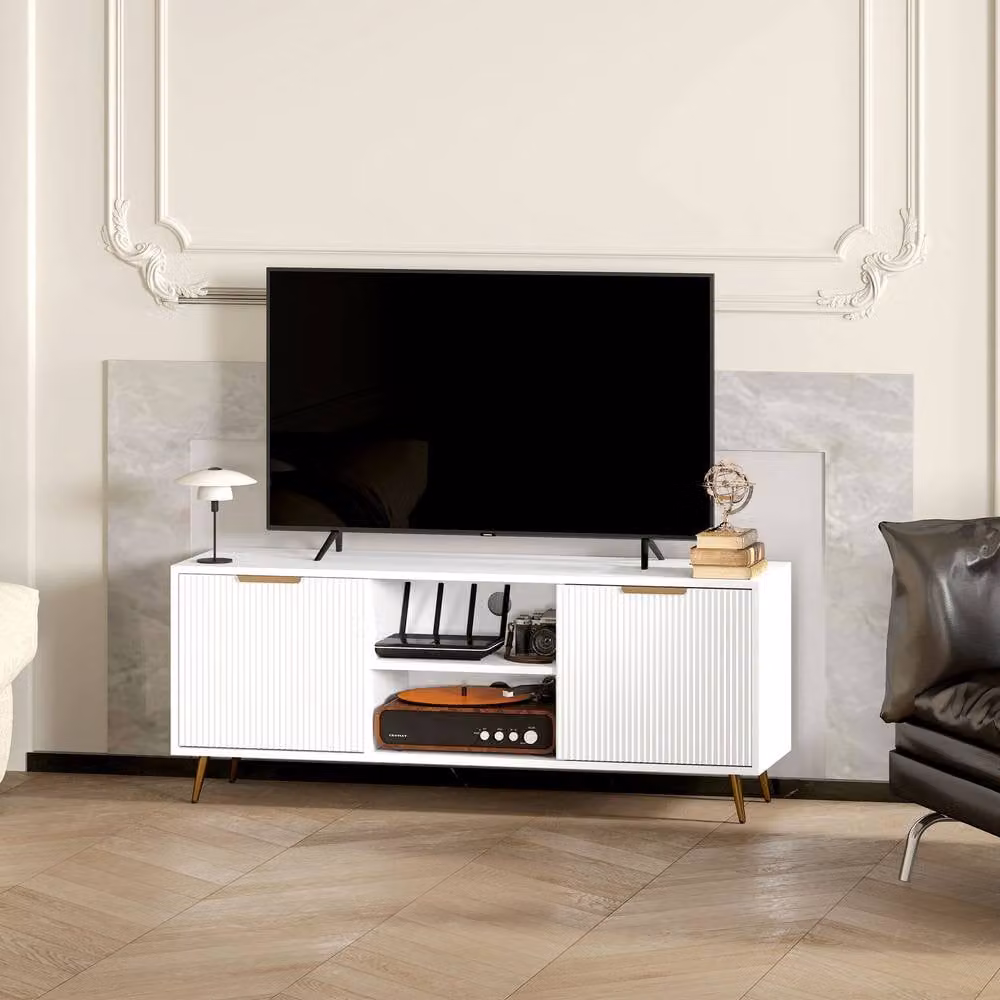 STILVORA Modern White MDF TV Stand with Media Compartments and Grommet for Living Rooms – 7