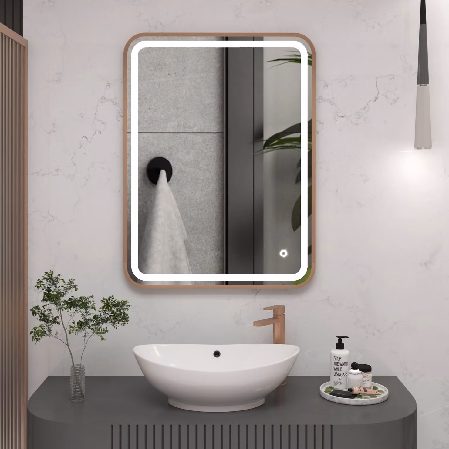 Royal Bathrooms Luna Rectangular Frontlit LED Illuminated Framed Mirror in Brushed Bronze, W: 50 cm, H: 70 cm, with Demister Pad and Touch Sensor