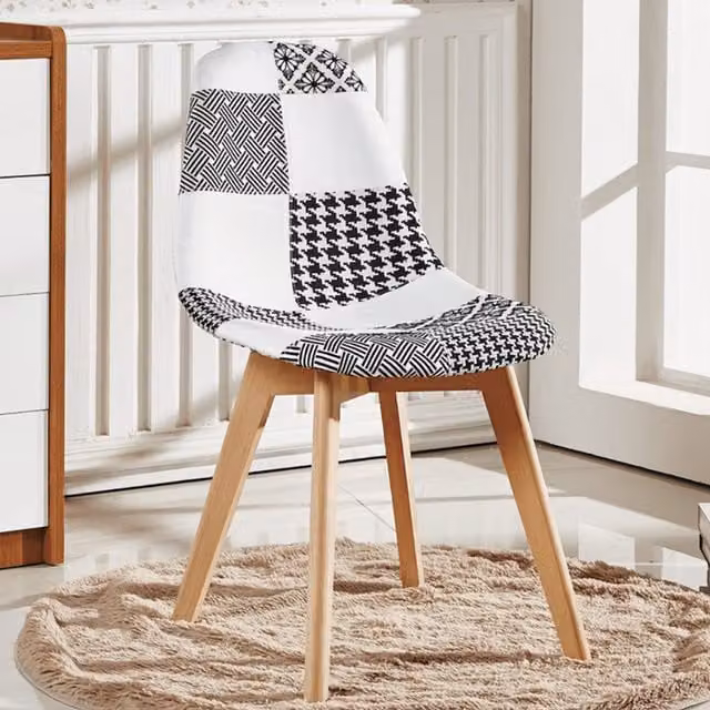 Life Interiors Set of 4 Chrono Patchwork Dining Chairs in Black, White and Multicolour Fabric with Wood and Plastic Mid-Century Design