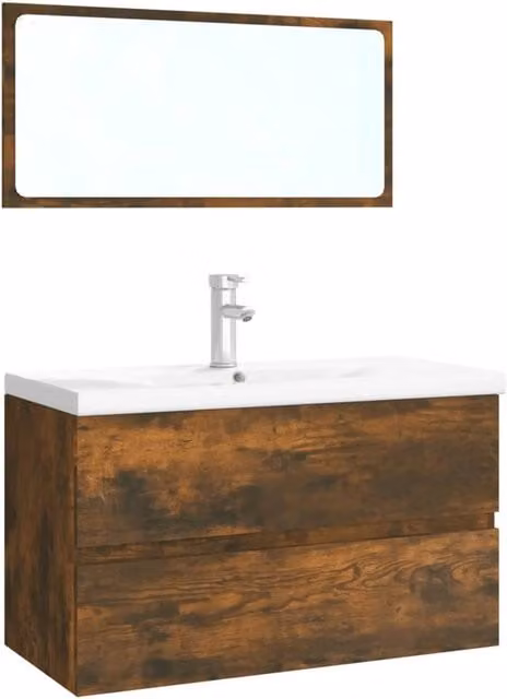 Berkfield Home Modern Bathroom Furniture Set in Smoked Oak Brown featuring Vanity Unit and Mirror Cabinet – 1