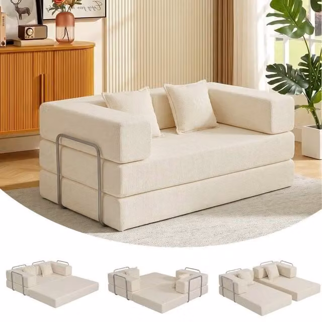 FORGEVIO Beige 2 Seater L-Shape Sectional Sofa Bed with Foam Upholstery