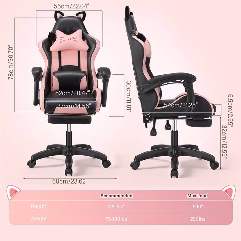NESTLUNE Pink and Black Gaming Chair with Cat Ears, Height Adjustable Synthetic Leather Chair with Headrest and Armrests, W/D/H: 100 x 100 x 100 cm