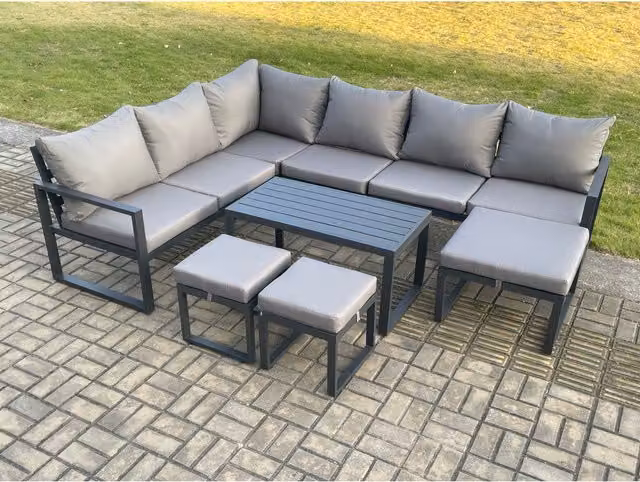 Fimous 9-Seater Modern L-Shape Outdoor Lounge Corner Sofa Set in Dark Grey with Powder Coated Aluminium Frame, Ottoman and Coffee Table