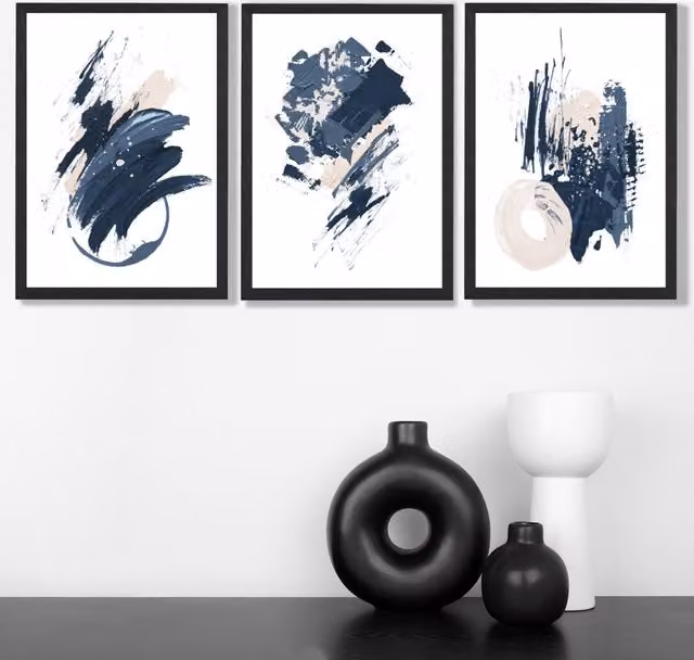 ARTZE Set of 3 Blue Abstract Minimalist Wall Art Prints with Black Frames