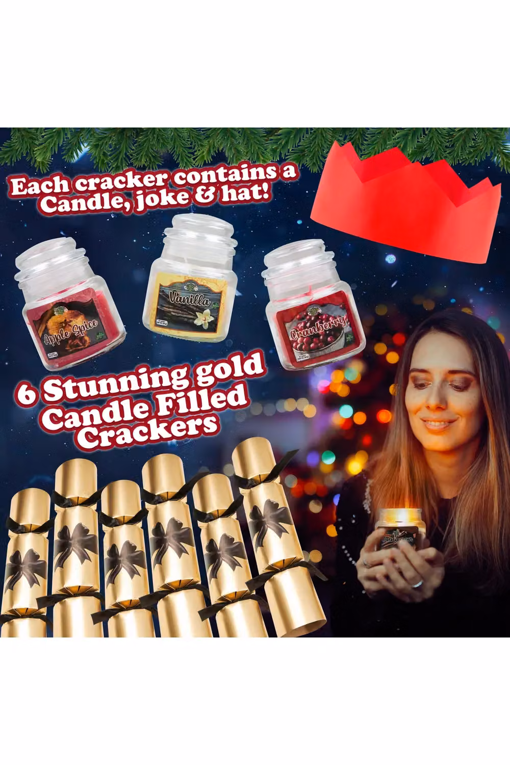 KreativeKraft Luxury Christmas Crackers, Pack of 6 Gold Glass and Multicolour Festive Party Crackers with Mini Scented Candles – 10