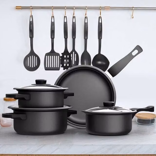 KORVIXA 13-Piece Non-Stick Cookware Set in Black with Iron and Glass Lids – 1