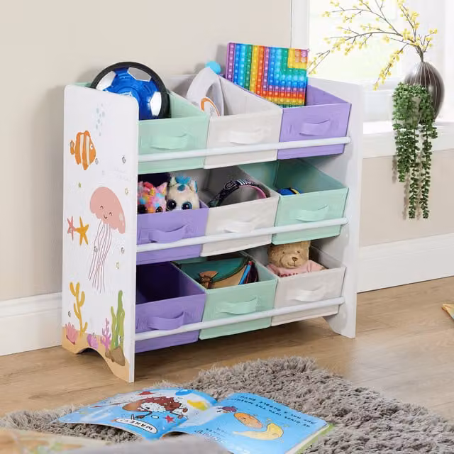 Home Source Anya Kids 9 Drawer Toy Organiser with White Floral and Maritime Design, Multicolour