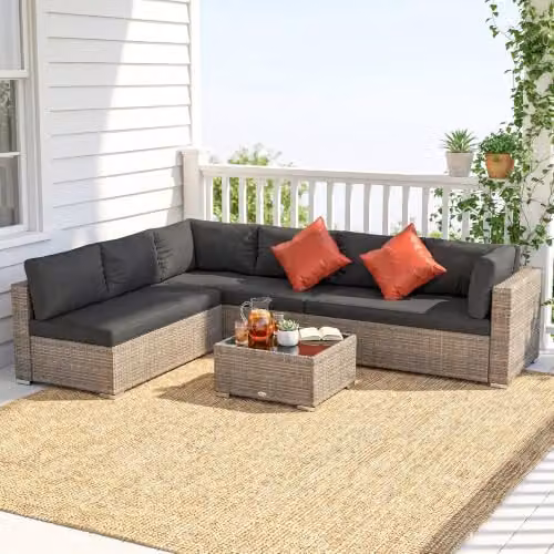 Outsunny 4 Piece L-Shape Rattan Corner Sofa Set with Coffee Table and Cushions, Grey – 9