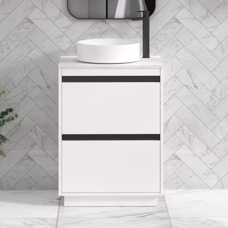 Royal Bathrooms Orion 800mm Matt White Floor Standing 2 Drawer Vanity Unit with Carrara White Undrilled Worktop and Black Accent Trim
