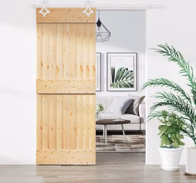 Berkfield Home Rustic Solid Wood Pine Sliding Door with Hardware Set in Brown, W: 80 cm, H: 210 cm