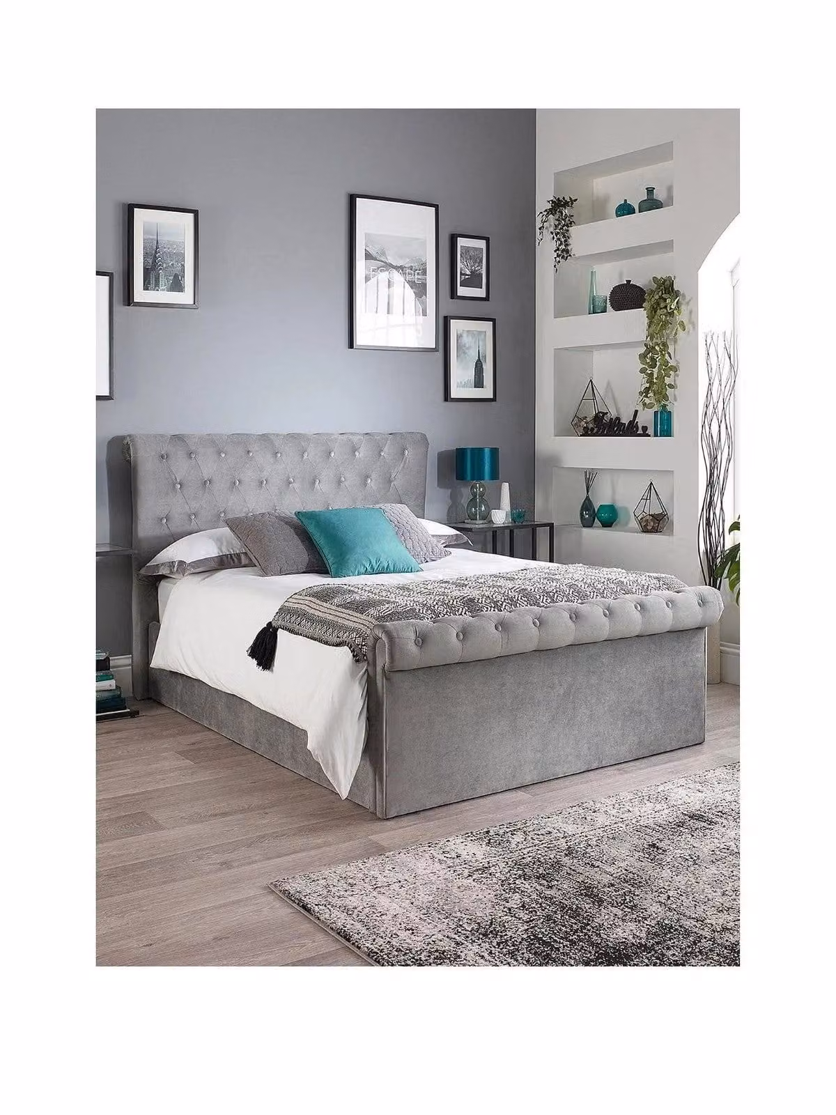 Aspire Chesterfield Fabric Lift Up Storage Bed, Double, Grey