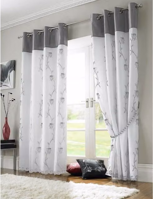 Alan Symonds Tahiti Silver Floral Eyelet Curtains, Fully Lined, Width: 229 cm