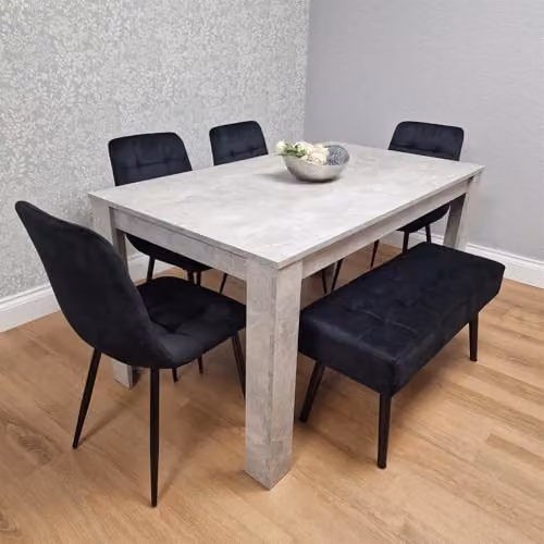 KOSY KOALA Modern 6 Seater Dining Set with Grey Table, 4 Black Velvet Chairs and 1 Black Velvet Bench, W/D/H: 140 x 80 x 75 cm