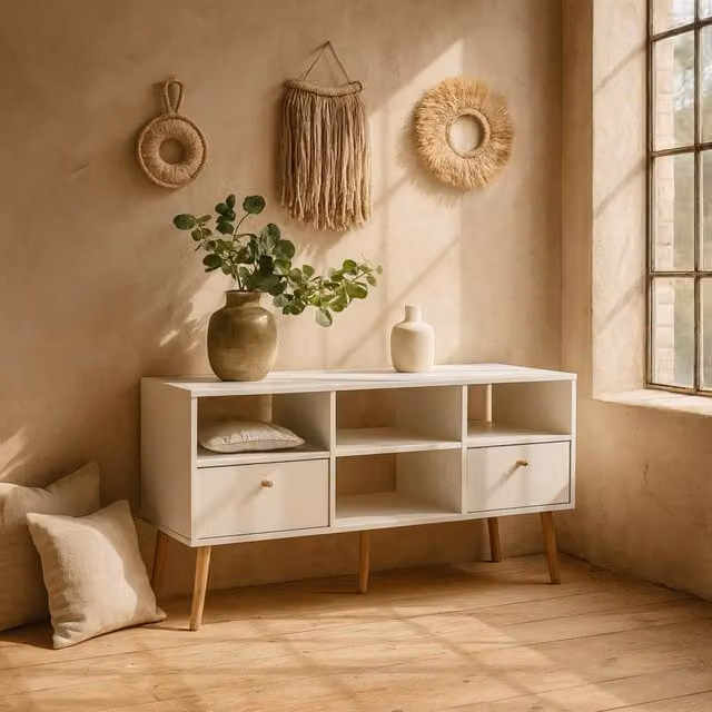 Wyld Haus Quietbloom White Wood TV Unit with 2 Drawers and Open Shelves, W/D/H: 117.2 x 39.1 x 60.8 cm