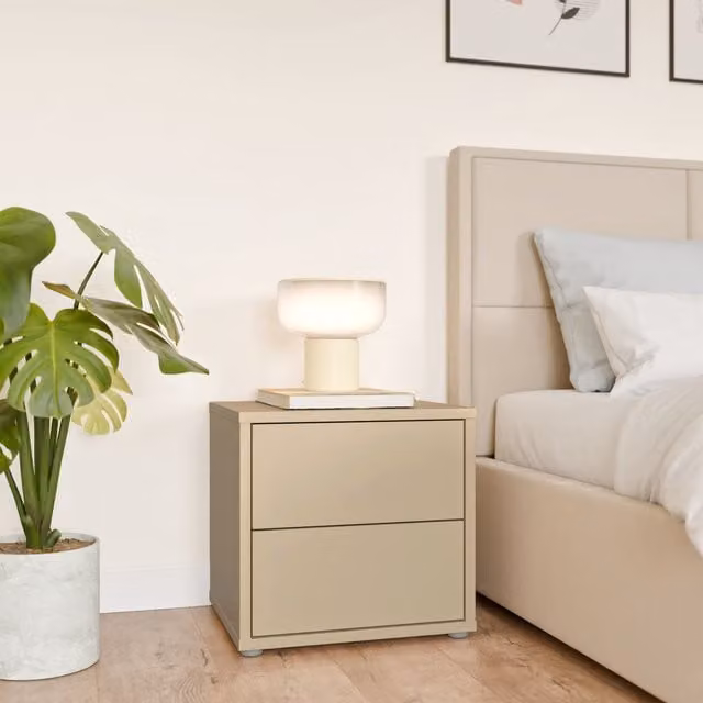Furniture To Go Alice Springs Low Bedside Cabinet with 2 Push-Open Drawers in Taupe and Butter Yellow
