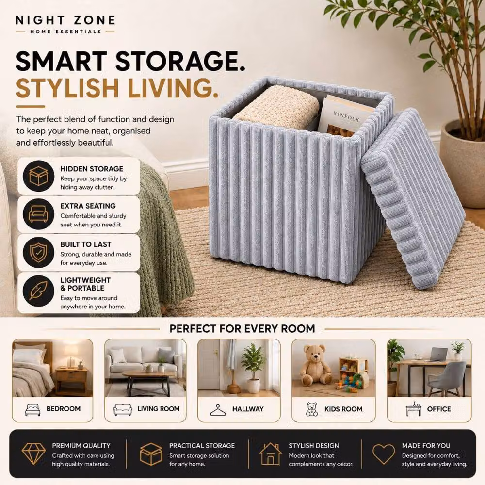 Homes-Linen Corduroy Ribbed Foldable Storage Ottoman in Silver, W/D/H: 38 x 38 x 38 cm – 2