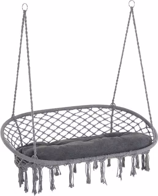 Outsunny Hanging Macrame Hammock Chair with Metal Frame and Cushion in Dark Grey – 1