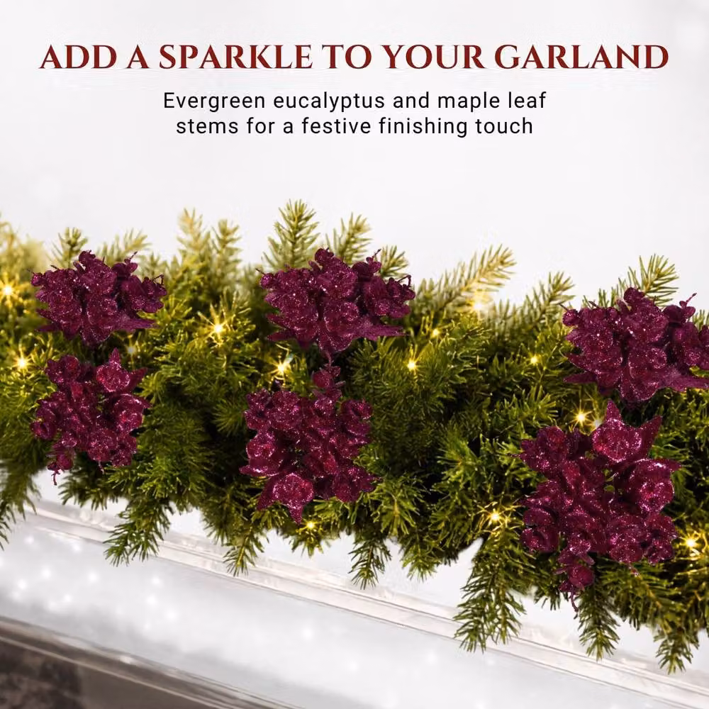 Shatchi Purple Glitter Eucalyptus and Maple Leaf Floral Picks, 12 Pack, Height: 17 cm – 6