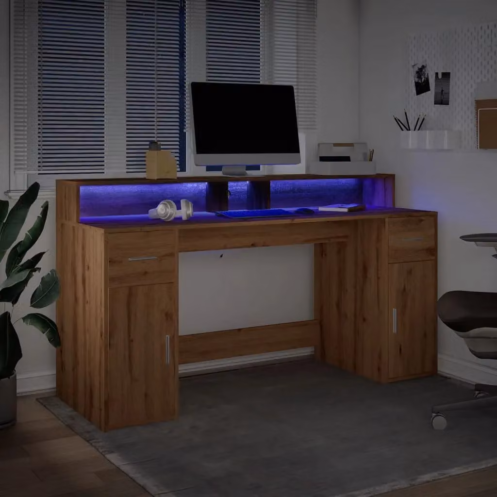 Berkfield Modern Gaming Desk with LED Lights in Artisan Oak Brown, W/D/H: 160 x 55 x 91 cm – 4