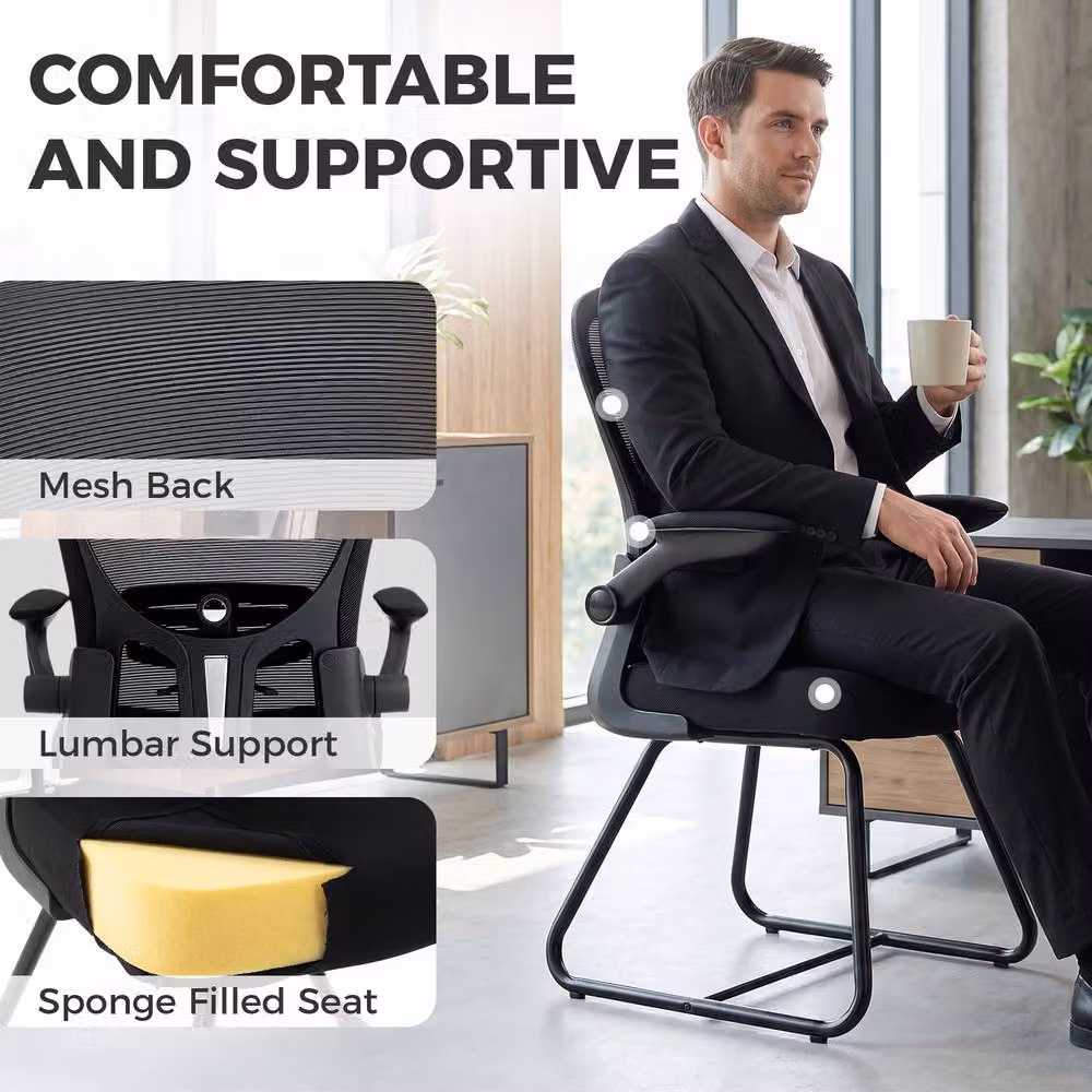 Rolipo Black Mesh Reception Office Chair with Lumbar Support and Flip-Up Armrests – 6