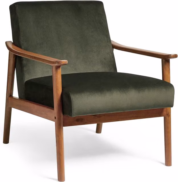 VonHaus Mid-Century Velvet Armchair in Green with Solid Rubberwood Frame