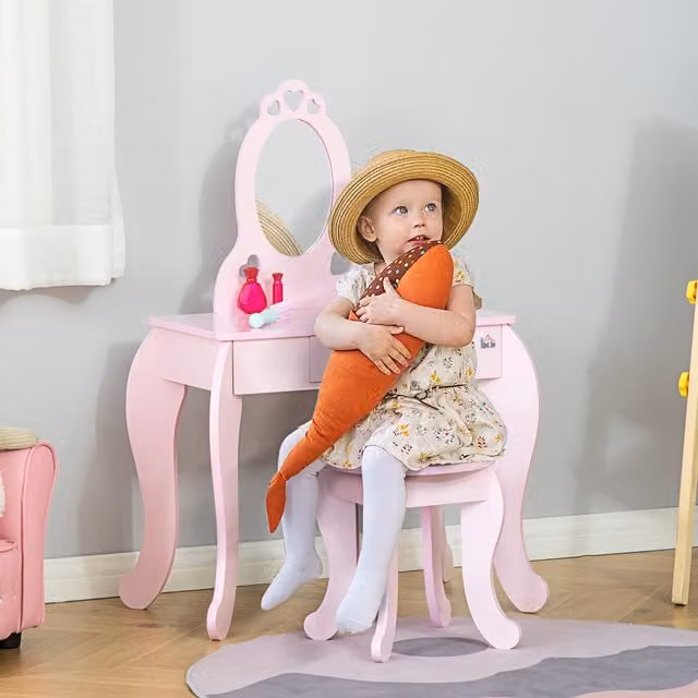 HOMCOM Kids Vanity Table and Stool Dressing Set in Pink